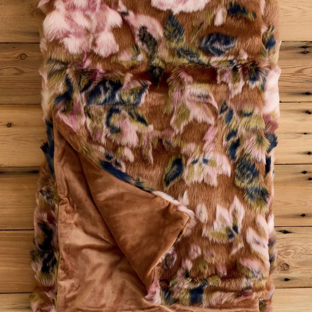 Anthropology Seren Floral Jacquard Faux Fur Throw Blanket - Picture 2 of 10